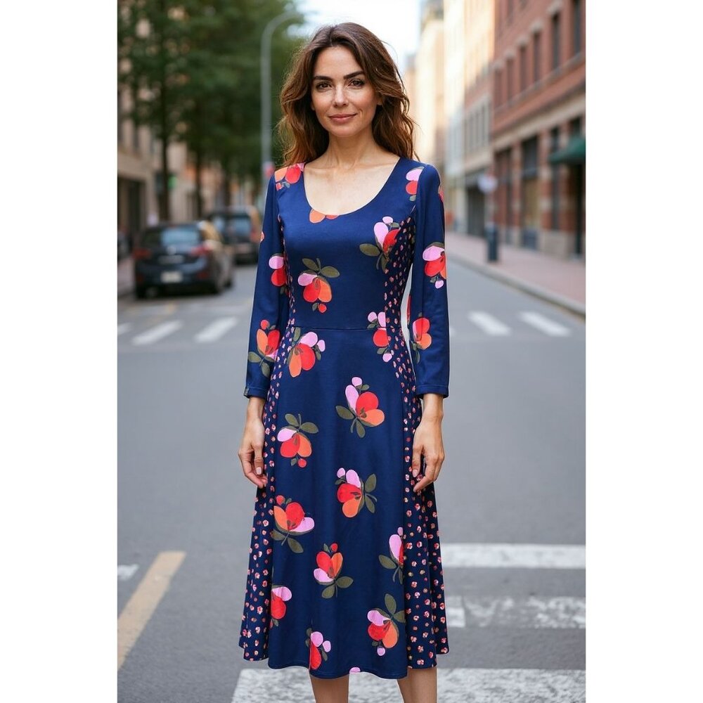 Boden Womens Size 4 Floral Fit & Flare Dress Blue Pink Red Long Sleeve